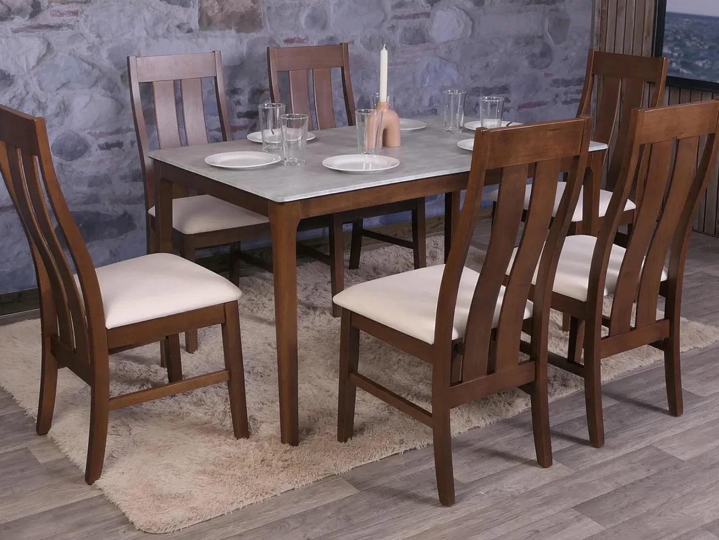 Silla de comedor MCW-M58 (juego de 6), estructura oscura, crema