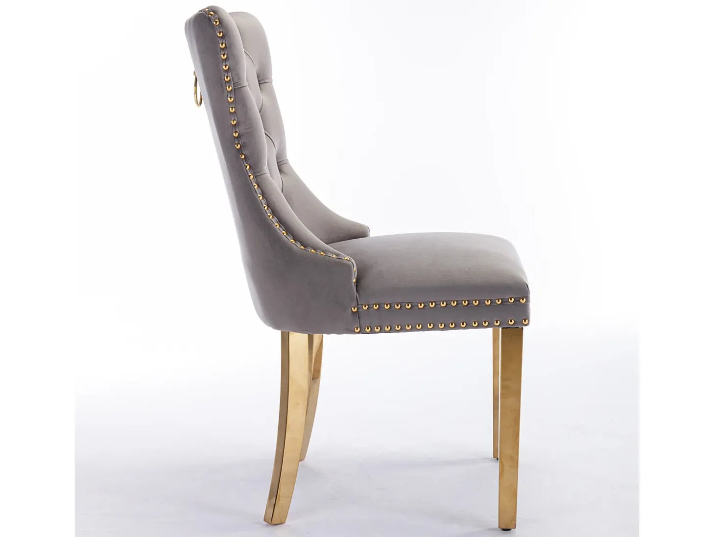 Silla de comedor moderna, terciopelo gris, patas de madera, clavos decorativos, juego de 2 (65x50x95 cm)