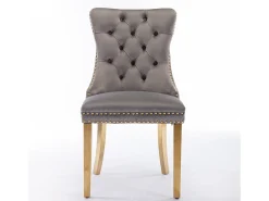 Silla de comedor moderna, terciopelo gris, patas de madera, clavos decorativos, juego de 2 (65x50x95 cm)