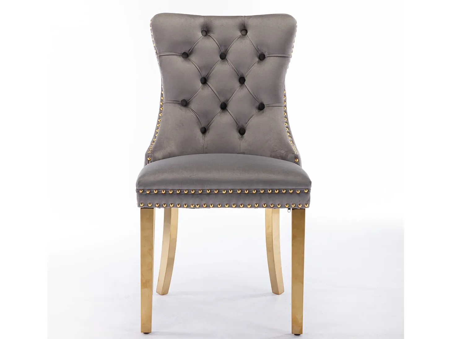 Silla de comedor moderna, terciopelo gris, patas de madera, clavos decorativos, juego de 2 (65x50x95 cm)