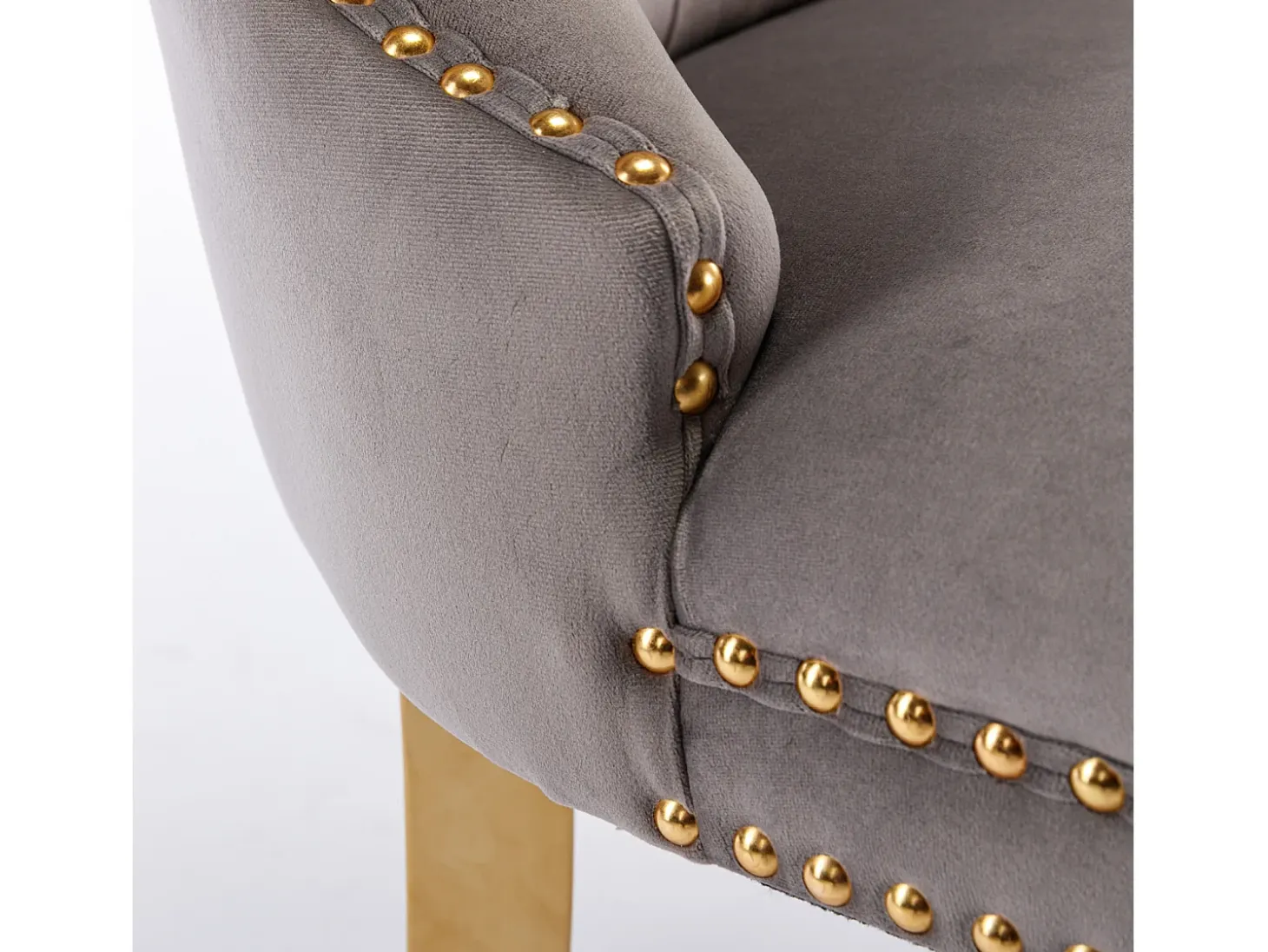 Silla de comedor moderna, terciopelo gris, patas de madera, clavos decorativos, juego de 2 (65x50x95 cm)
