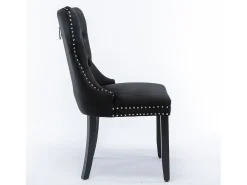 Silla de comedor moderna de terciopelo premium, respaldo tapizado con patas de madera y ribete de tachuelas, color negro (65 x 50 x 95 cm)