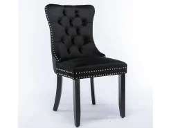Silla de comedor moderna de terciopelo premium, respaldo tapizado con patas de madera y ribete de tachuelas, color negro (65 x 50 x 95 cm)