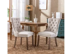 Silla de comedor moderna con reposabrazos, terciopelo, base de madera maciza, con clavos decorativos, beige (65x50x95 cm)