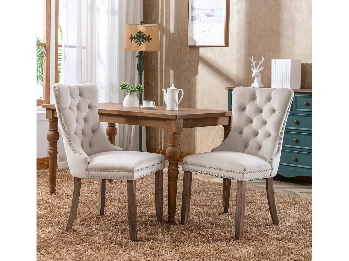 Silla de comedor moderna con reposabrazos, terciopelo, base de madera maciza, con clavos decorativos, beige (65x50x95 cm)