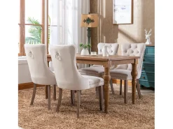 Silla de comedor moderna con reposabrazos, terciopelo, base de madera maciza, con clavos decorativos, beige (65x50x95 cm)