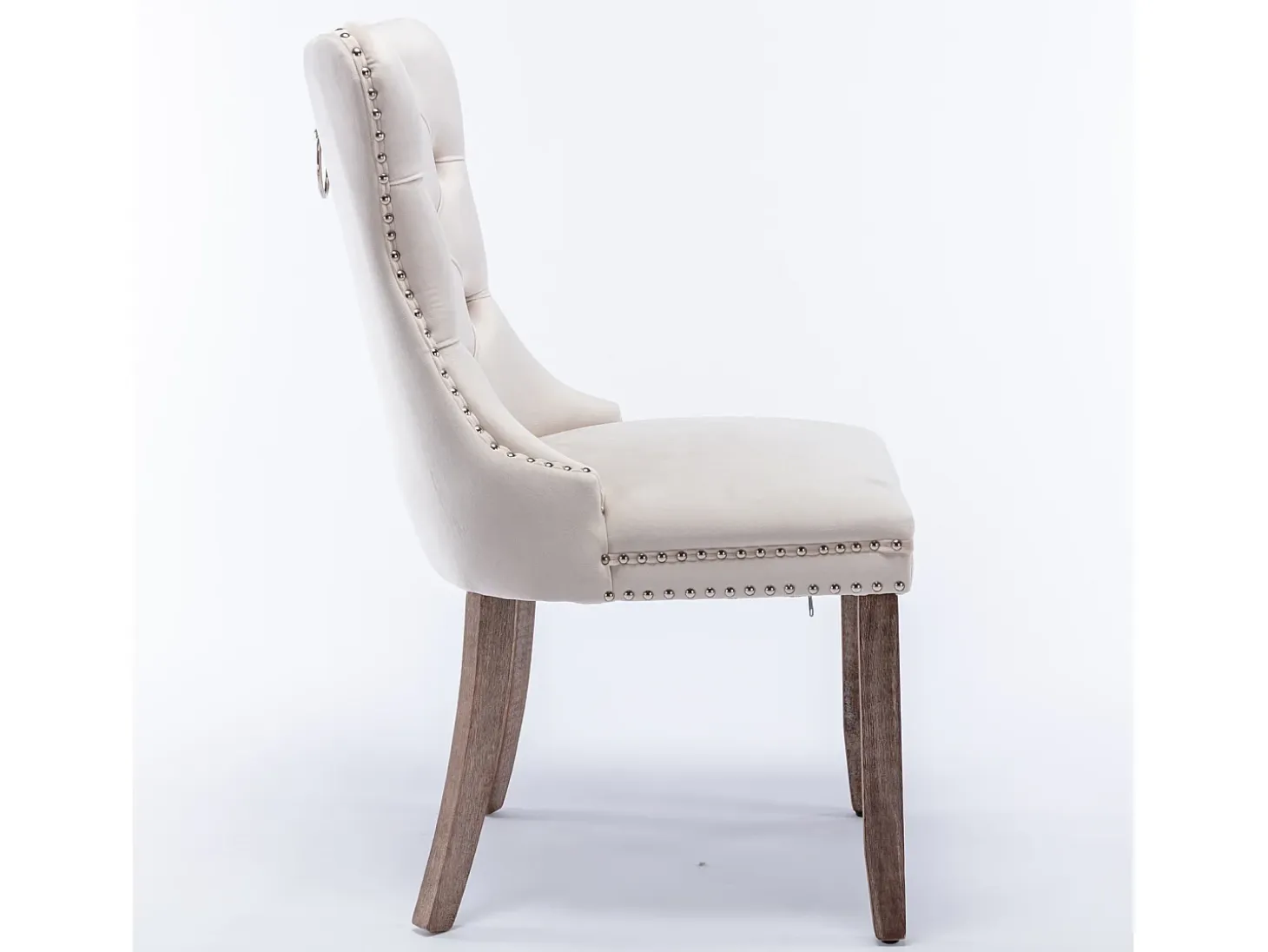 Silla de comedor moderna con reposabrazos, terciopelo, base de madera maciza, con clavos decorativos, beige (65x50x95 cm)