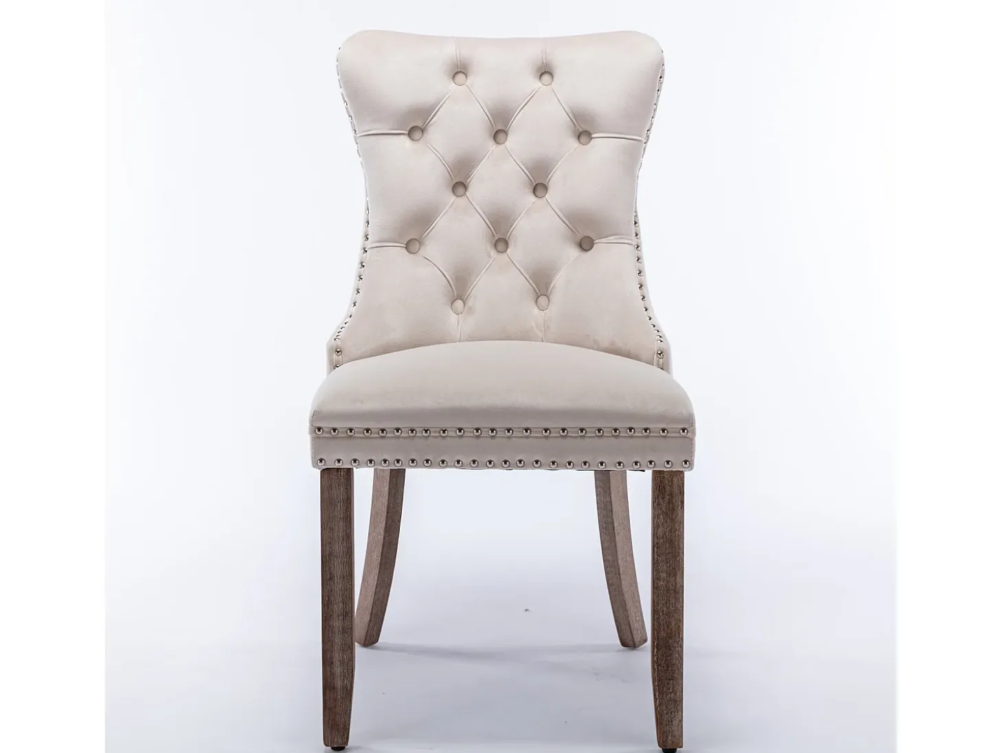 Silla de comedor moderna con reposabrazos, terciopelo, base de madera maciza, con clavos decorativos, beige (65x50x95 cm)