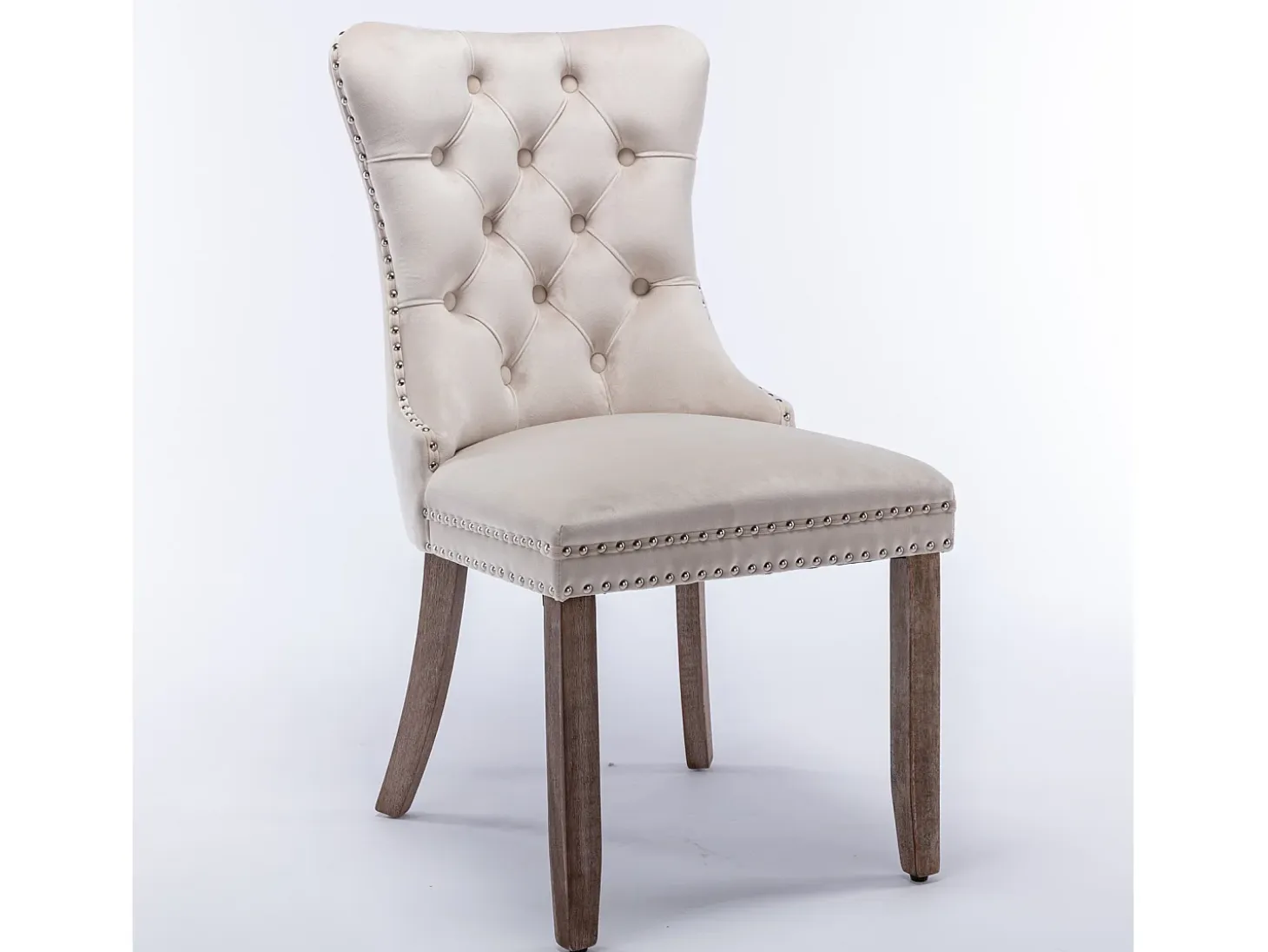 Silla de comedor moderna con reposabrazos, terciopelo, base de madera maciza, con clavos decorativos, beige (65x50x95 cm)