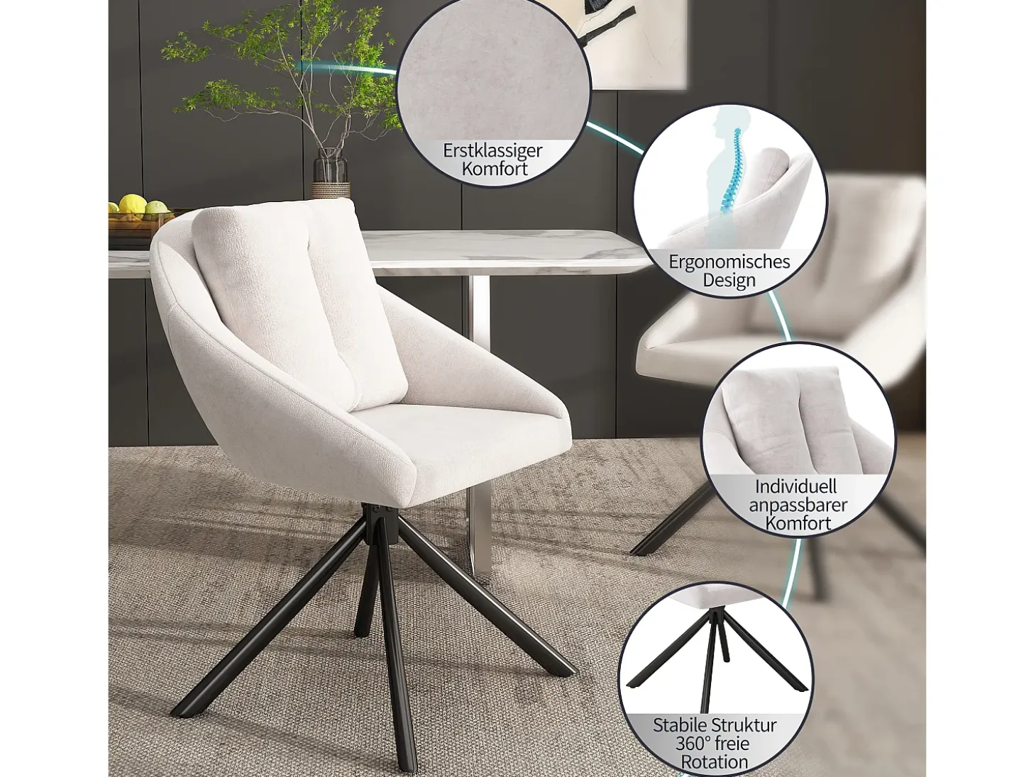 Silla de comedor moderna de terciopelo beige, elegante y cómoda, con brazos giratorios, tela de terciopelo transpirable (72,39 x 62,23 x 49,53 cm)