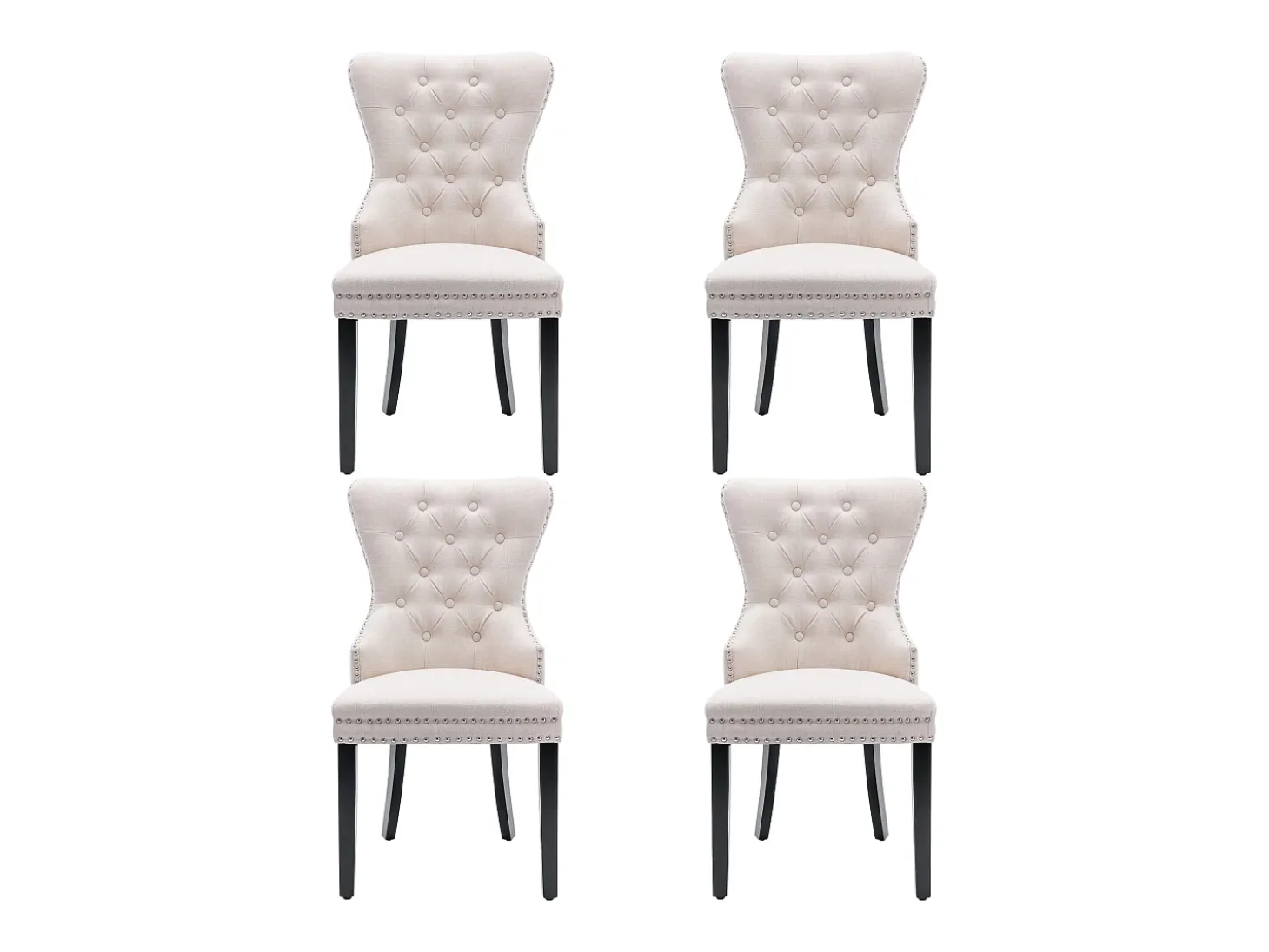 Silla de comedor, silla de dormitorio con patas de roble, botones, tachuelas cromadas, tela de lino, beige (L50xP54xH97 cm), 4 piezas