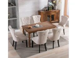 Silla de comedor, silla de dormitorio con patas de roble, botones, tachuelas cromadas, tela de lino, beige (L50xP54xH97 cm), 4 piezas
