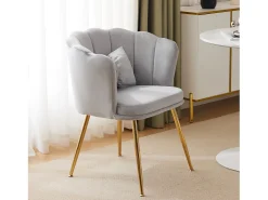 Silla de comedor tapizada en terciopelo con cojín y patas de metal - respaldo pétalo - madera - gris