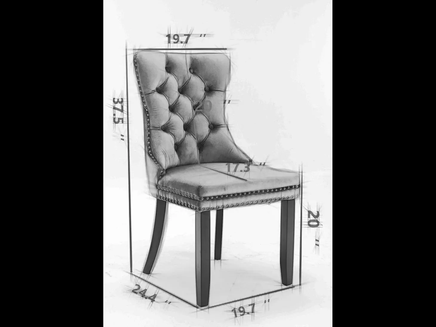Silla de comedor tapizada, madera maciza, base de madera, remaches decorativos, terciopelo, gris (65x50x95 cm)