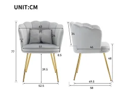 Silla de comedor tapizada de terciopelo con cojín y patas de metal - Respaldo de pétalos - Madera - Gris (2 piezas)