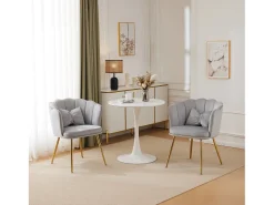 Silla de comedor tapizada de terciopelo con cojín y patas de metal - Respaldo de pétalos - Madera - Gris (2 piezas)