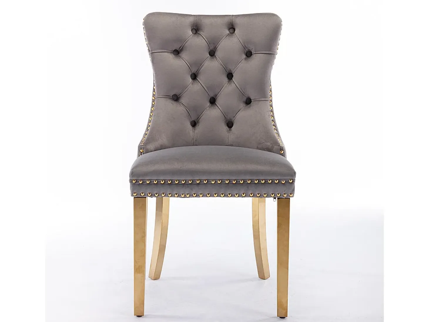 Silla de comedor tapizada de 2 piezas con patas de acero inoxidable cromado, tapizado con tachuelas, tapicería de terciopelo, colores gris y dorado