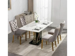 Silla de comedor tapizada de 2 piezas con patas de acero inoxidable cromado, tapizado con tachuelas, tapicería de terciopelo, colores gris y dorado