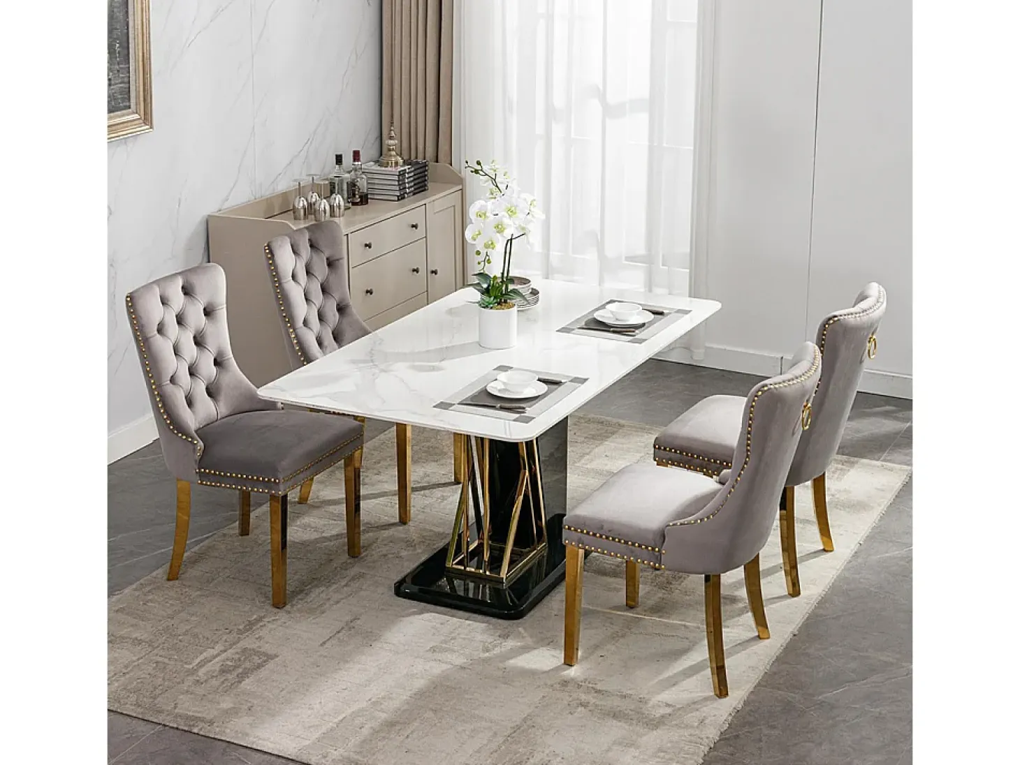 Silla de comedor tapizada de 2 piezas con patas de acero inoxidable cromado, tapizado con tachuelas, tapicería de terciopelo, colores gris y dorado