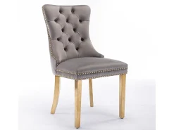 Silla de comedor tapizada de 2 piezas con patas de acero inoxidable cromado, tapizado con tachuelas, tapicería de terciopelo, colores gris y dorado