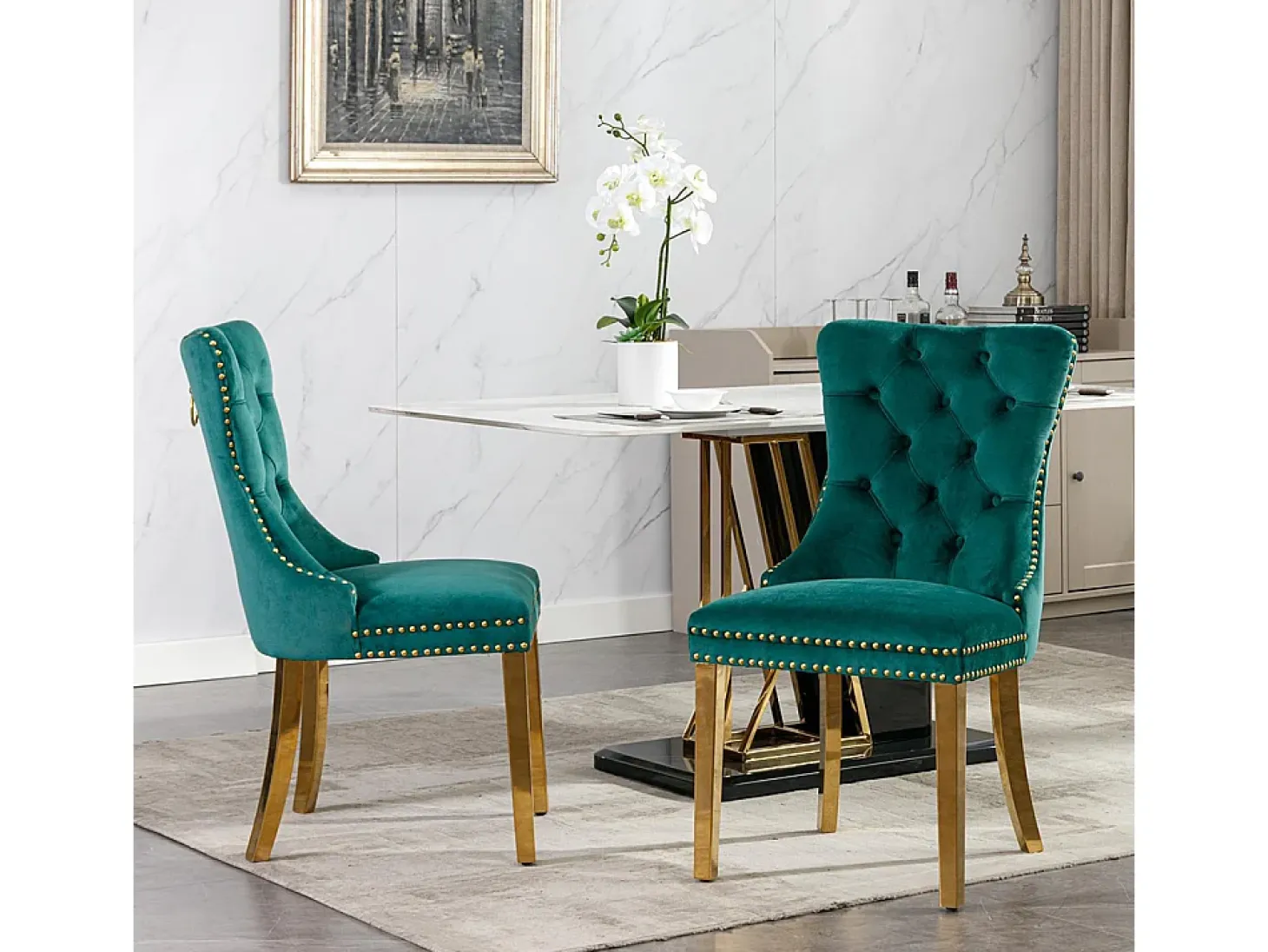 Silla de comedor tapizada de 2 piezas con patas de acero inoxidable cromado, tapizado con tachuelas, tapicería de terciopelo, verde