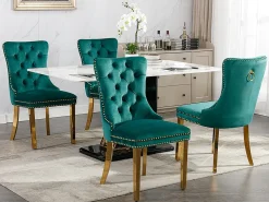 Silla de comedor tapizada de 2 piezas con patas de acero inoxidable cromado, tapizado con tachuelas, tapicería de terciopelo, verde