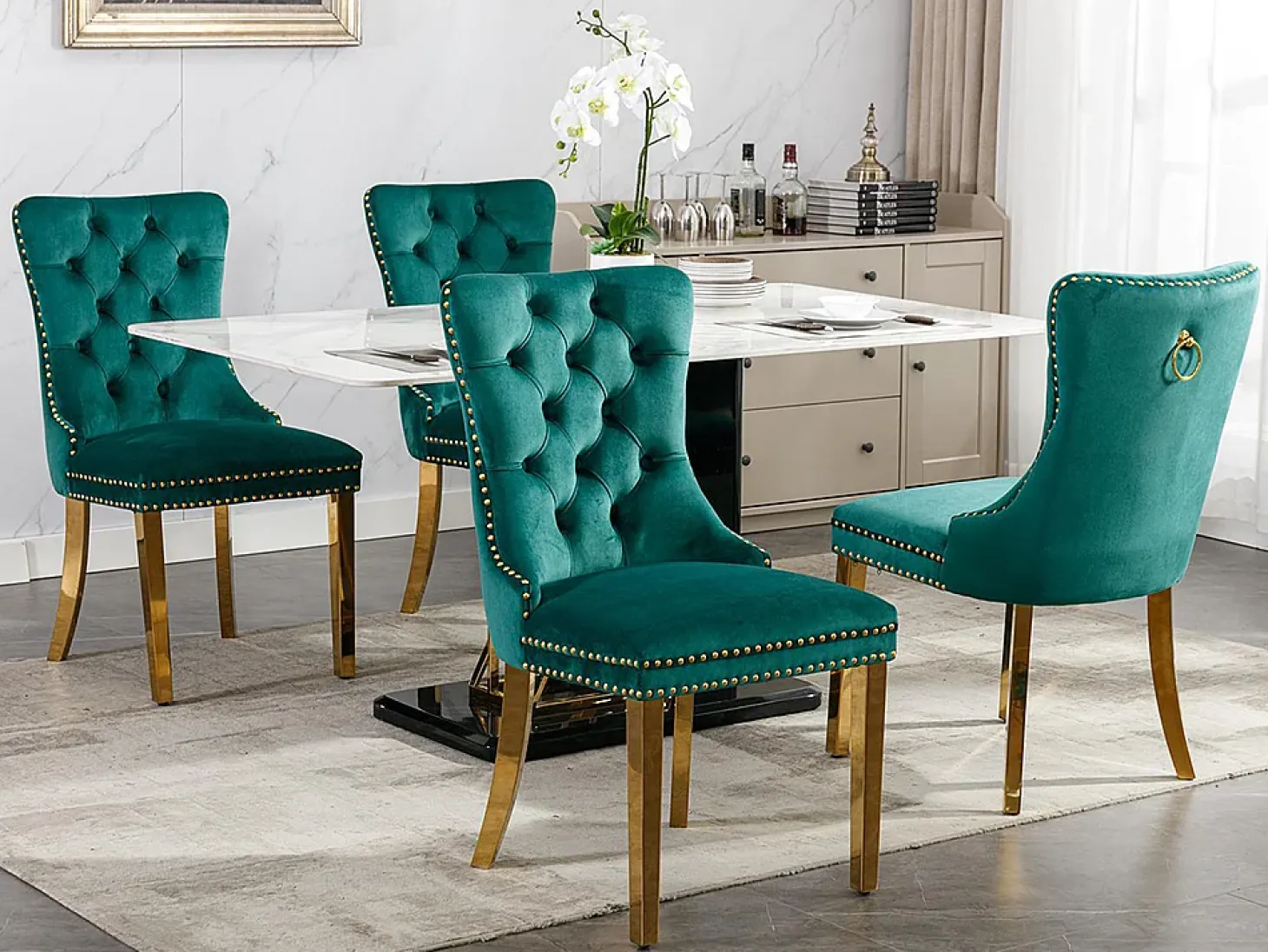 Silla de comedor tapizada de 2 piezas con patas de acero inoxidable cromado, tapizado con tachuelas, tapicería de terciopelo, verde