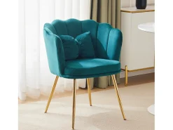 Silla de comedor tapizada en terciopelo con cojín y patas de metal - respaldo pétalo - madera - verde