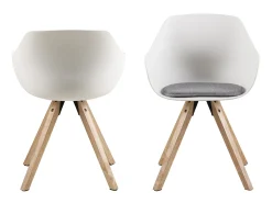 Silla de comedor Time en color blanco y cojín gris claro, patas en madera teñida al aceite de roble.
