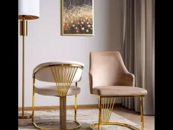 Silla de diseño con tapicería de tela de terciopelo beige y base FARIN dorada