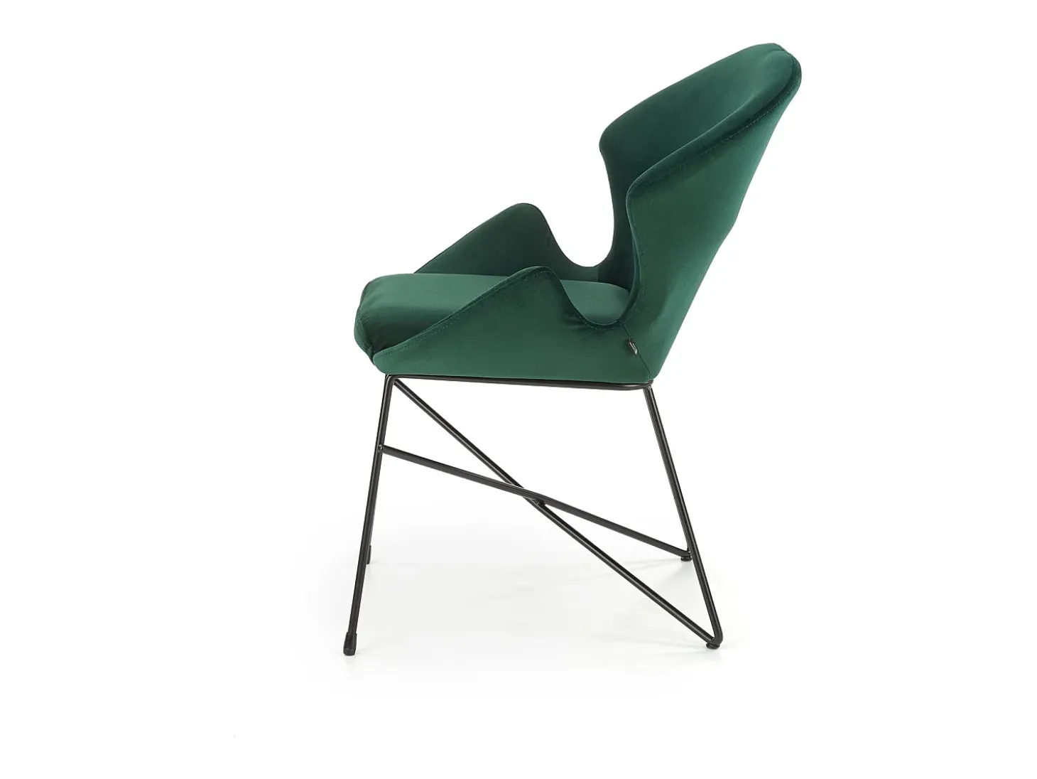Silla de diseño de terciopelo verde y estructura de metal negro AYA