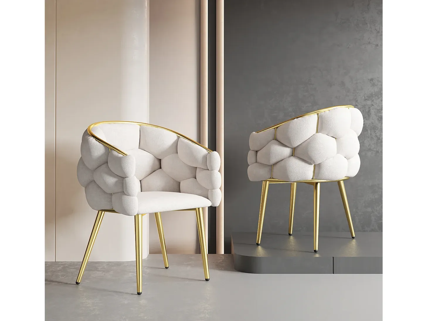 Silla de lujo de terciopelo beige con respaldo alto y patas de metal dorado, diseño elegante (50x47x80 cm)