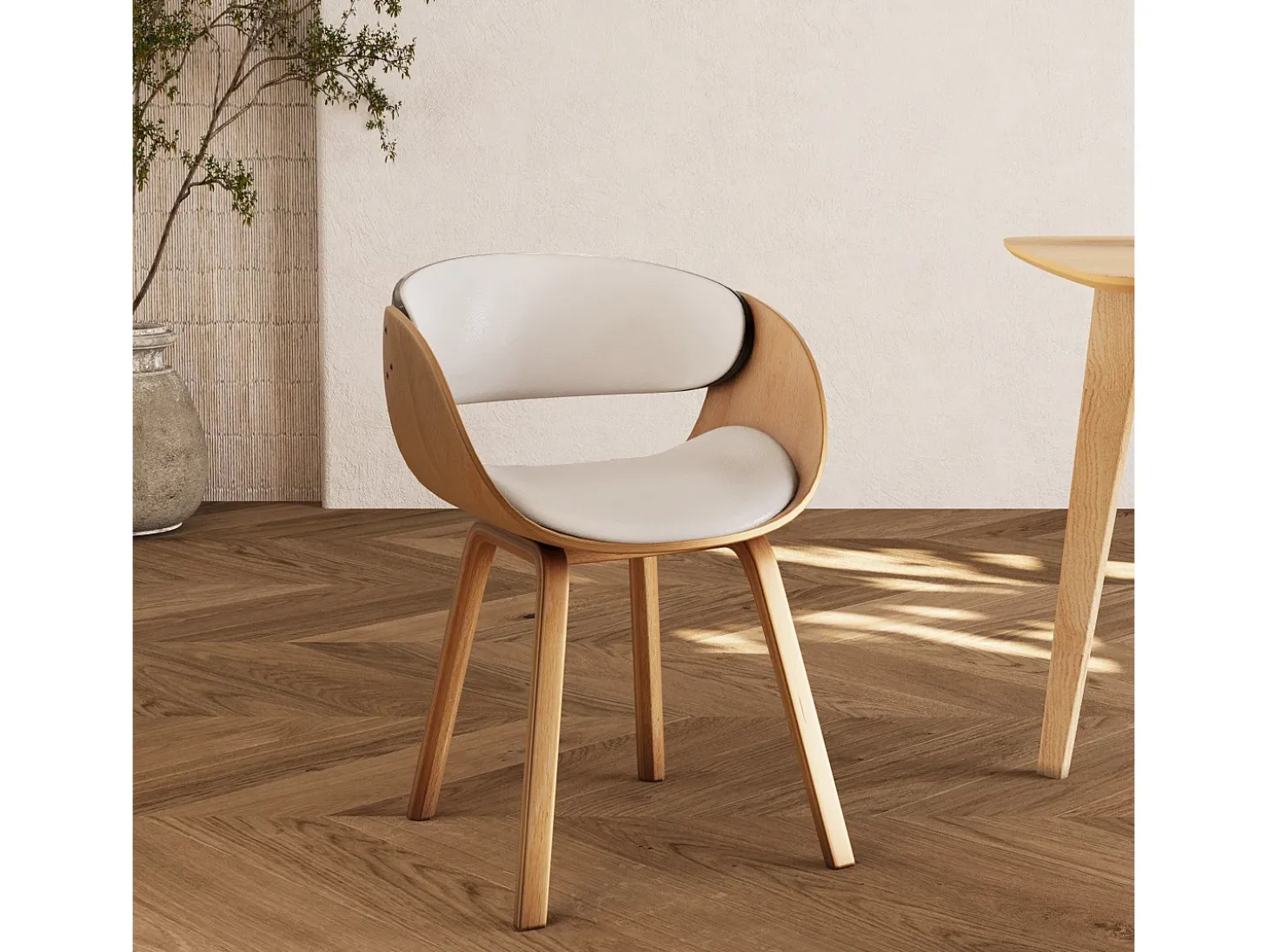 Silla de madera clara y PU blanco - Adelmar