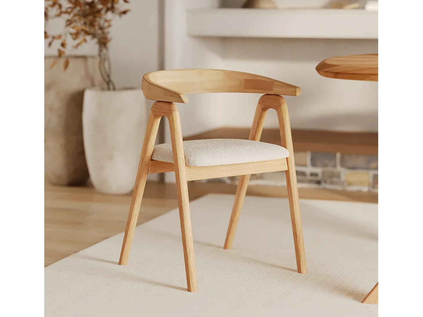 Silla de madera de hevea clara y tejido bouclé crema - Hawa