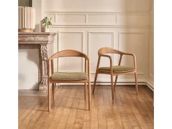Silla de madera de teca maciza y asiento de pana caqui
