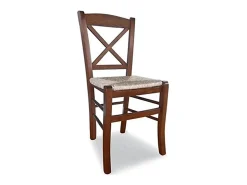 Silla de madera de Venecia con cruz de nogal oscuro y asiento de paja x 4