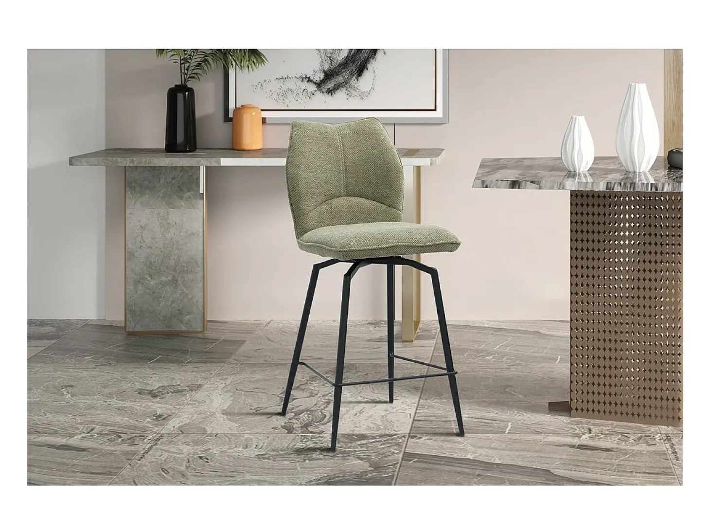 Silla de mostrador giratoria CROFT – Tela beige arena – Patas de metal negro – Altura 103 cm – Estilo diseño/industrial