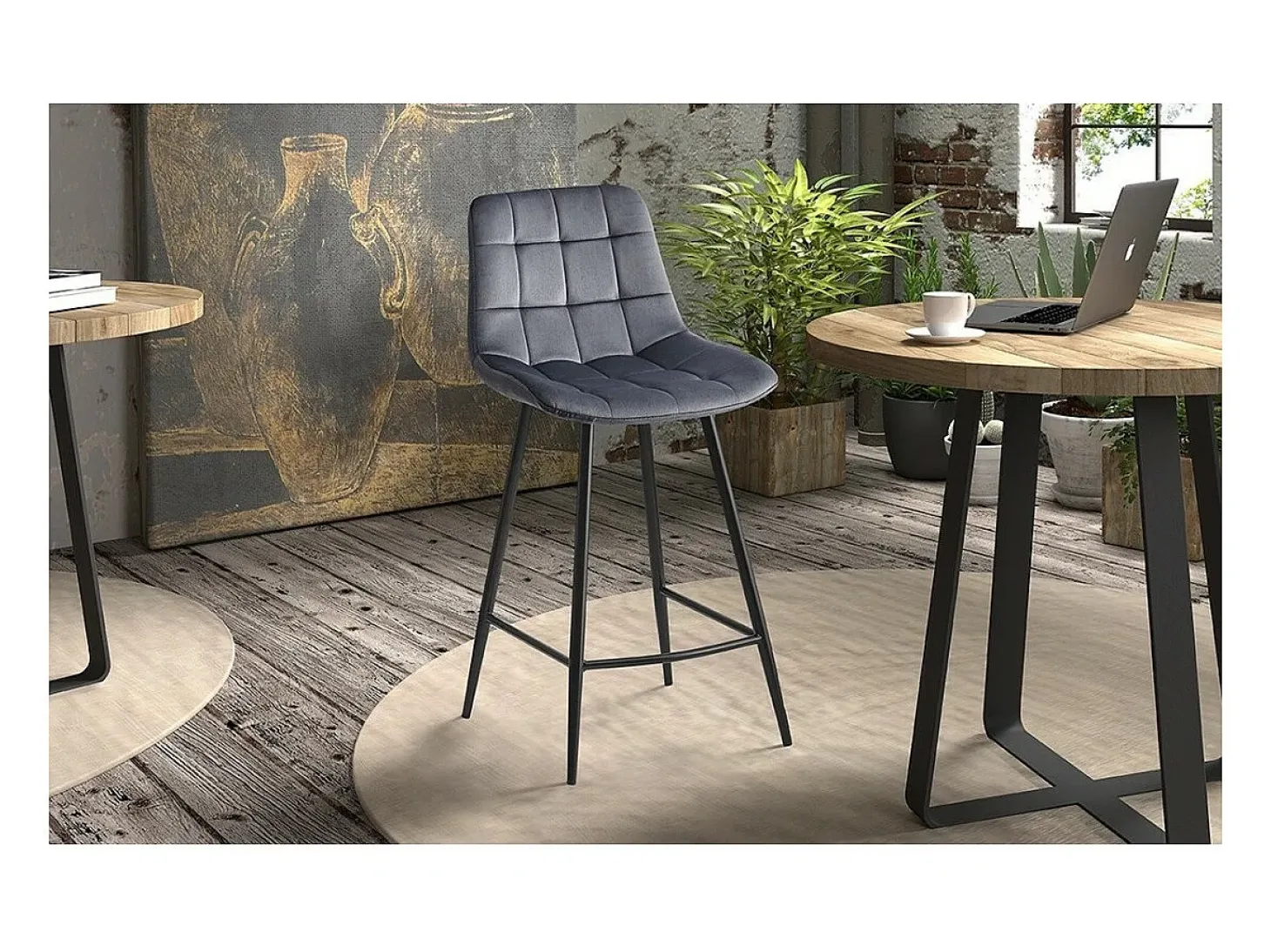 Silla de mostrador JUTE – Terciopelo gris oscuro – Patas metálicas – Altura 95 cm – Estilo contemporáneo