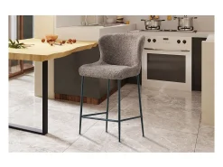 Silla de mostrador LISE – Tela rizada color arena – Patas de metal negro – Estilo diseño/industrial
