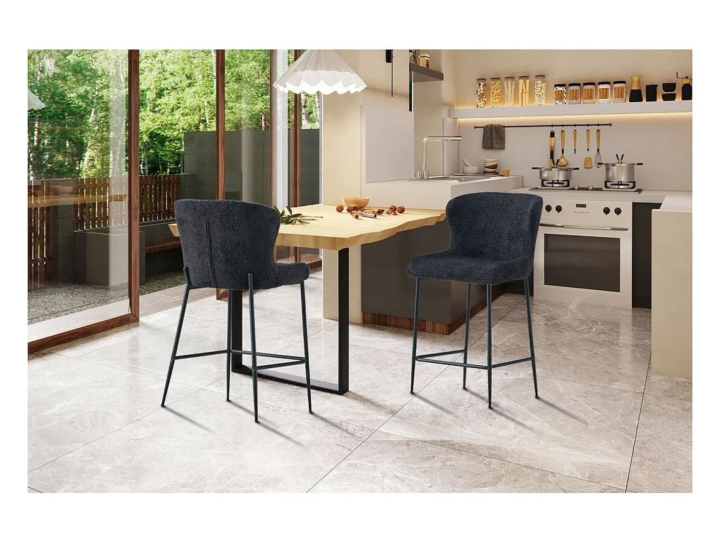 Silla de mostrador LISE – Tela rizada en color gris oscuro – Patas de metal negro – Estilo diseño/industrial