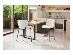 Silla de mostrador LISE – Tela de rizo en color blanco crudo – Patas de metal negro – Estilo diseño/industrial
