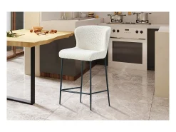 Silla de mostrador LISE – Tela de rizo en color blanco crudo – Patas de metal negro – Estilo diseño/industrial