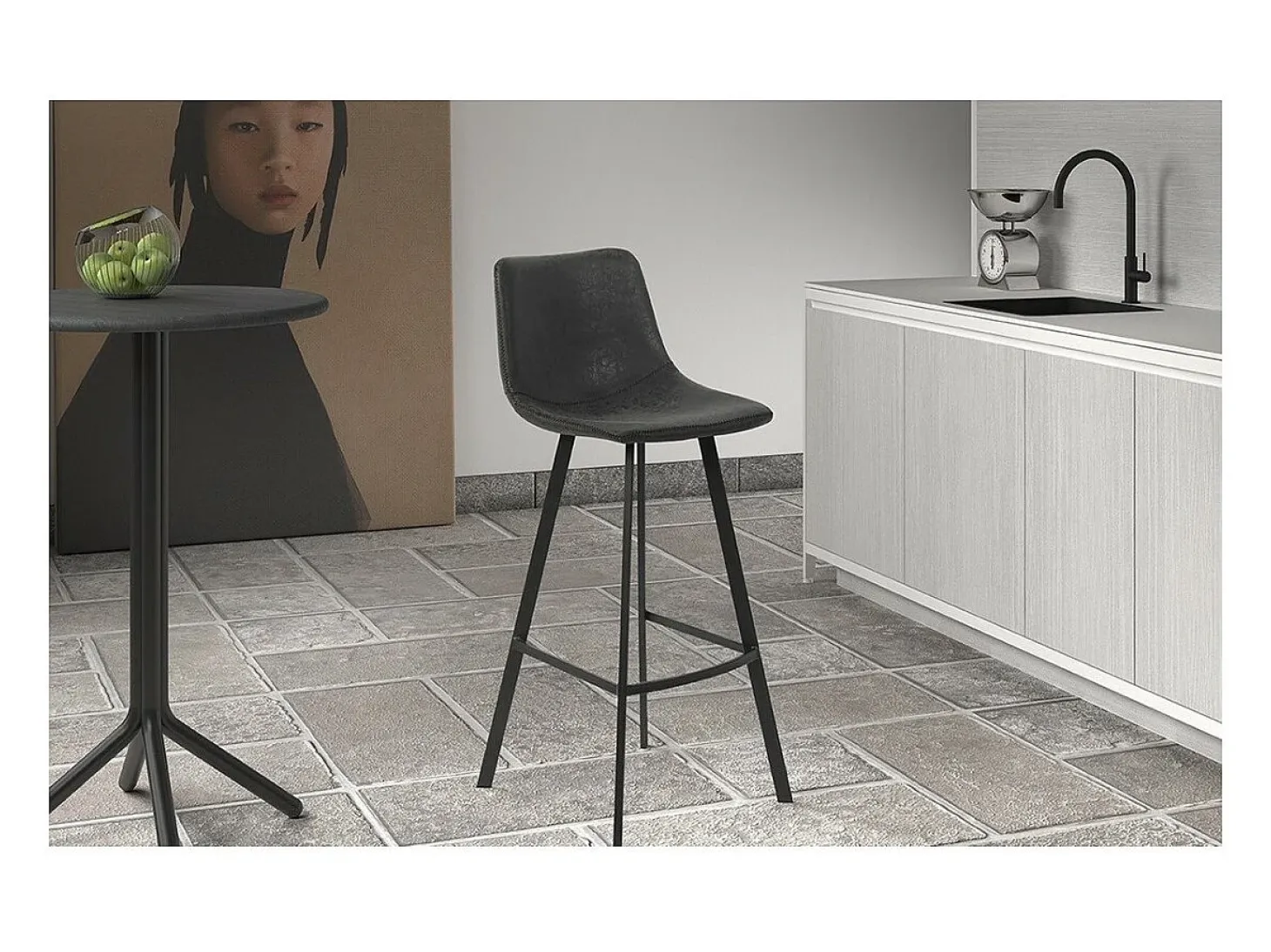 Silla de mostrador OZON - PU negro - Patas de metal - Altura 98 cm - Estilo industrial