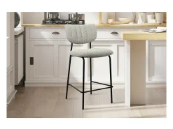 Silla de mostrador VENTURA – Tela gris claro – Patas de metal negro – Altura 97 cm – Estilo diseño/industrial
