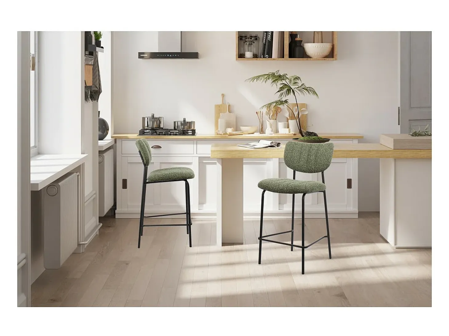 Silla de mostrador VENTURA – Tela verde salvia – Patas de metal negro – Altura 97 cm – Estilo diseño/industrial
