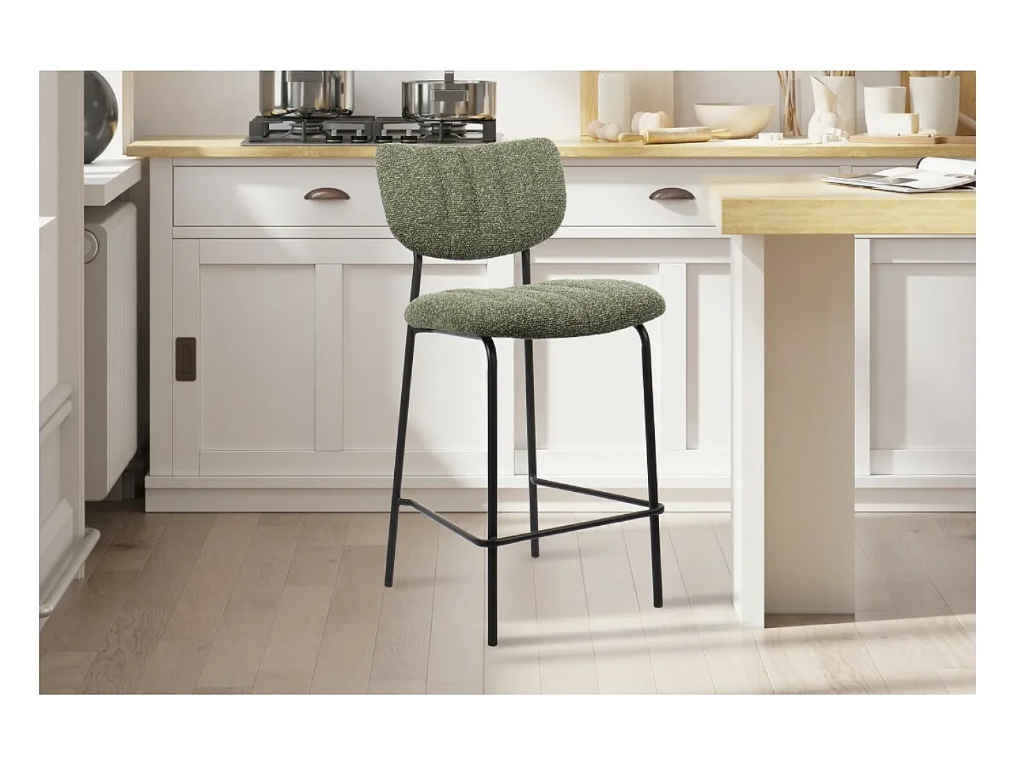 Silla de mostrador VENTURA – Tela verde salvia – Patas de metal negro – Altura 97 cm – Estilo diseño/industrial