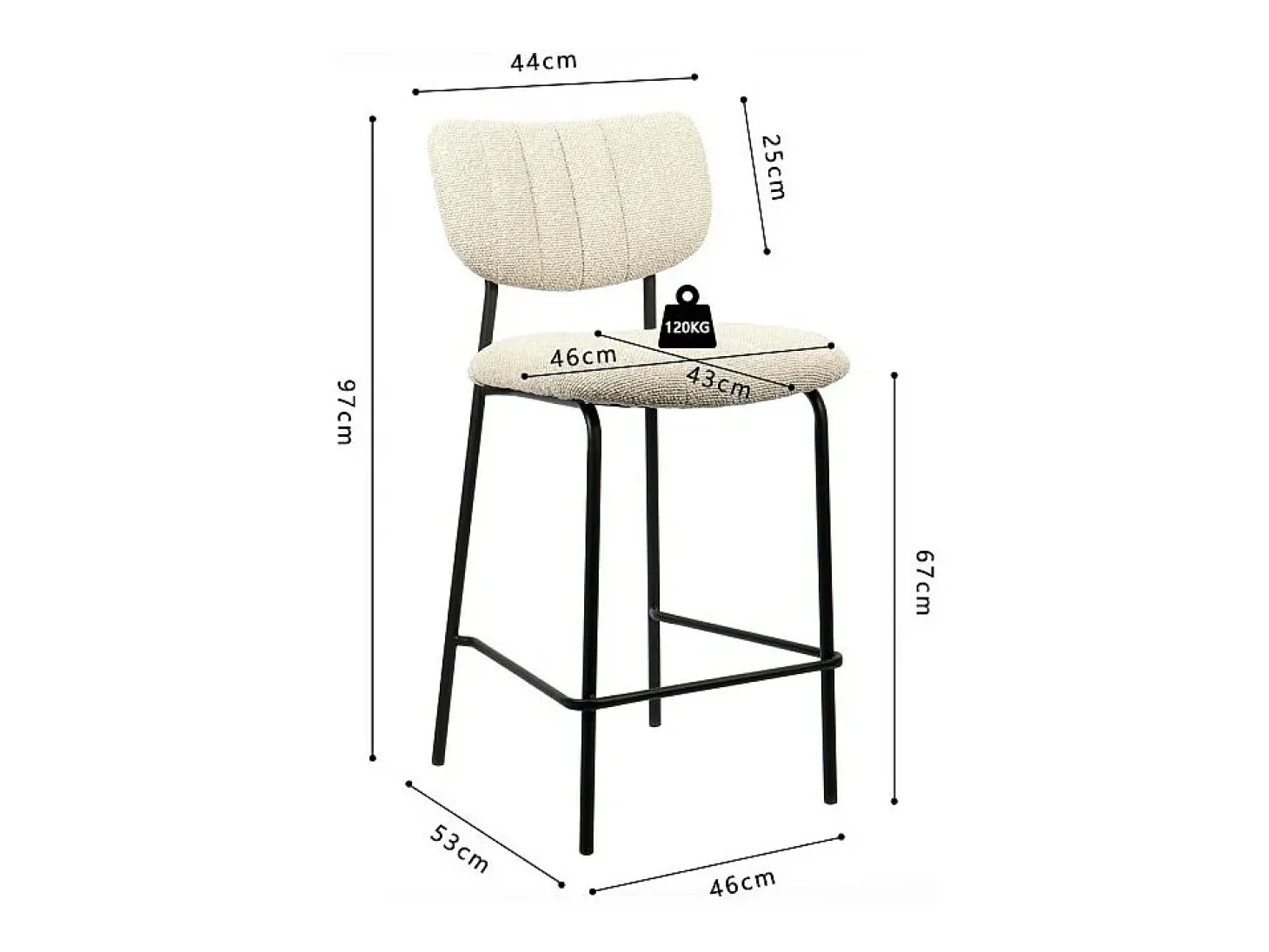 Silla de mostrador VENTURA – Tela beige – Patas de metal negro – Altura 97 cm – Estilo diseño/industrial
