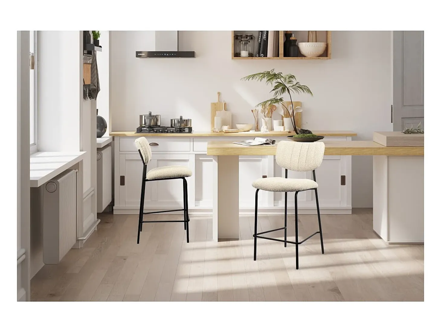 Silla de mostrador VENTURA – Tela beige – Patas de metal negro – Altura 97 cm – Estilo diseño/industrial