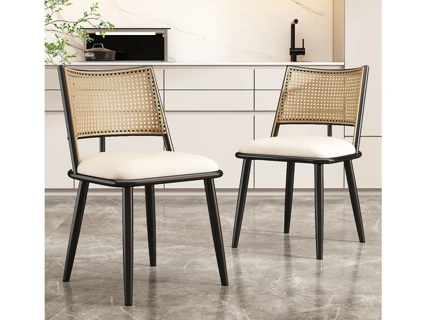 Silla de ratán con asiento de PU, diseño moderno, color negro (60x59x49 cm)