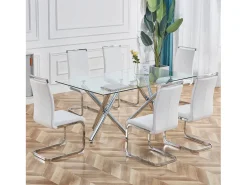 Silla de respaldo alto en polipiel sintética y terciopelo, estructura de metal cromado, juego de 4, color blanco (97 x 51 x 47 cm)
